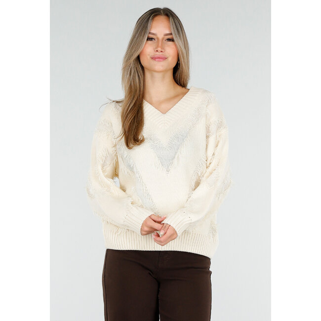 Cremefarbener Pullover mit V-Ausschnitt und Fransen-Details