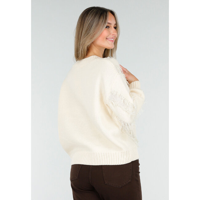Cremefarbener Pullover mit V-Ausschnitt und Fransen-Details