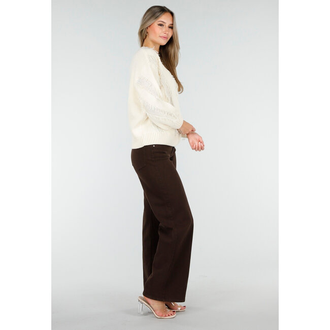 Cremefarbener Pullover mit V-Ausschnitt und Fransen-Details