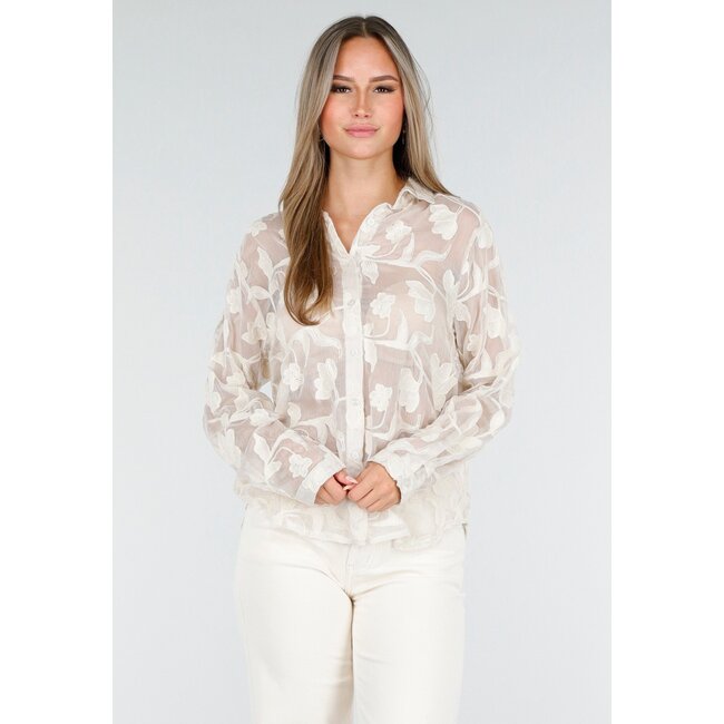 Beigefarbene, durchscheinende Bluse mit Blumenstickerei und langen Ärmeln