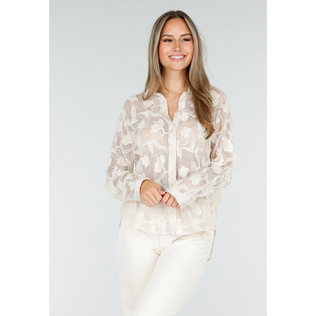 Beigefarbene, durchscheinende Bluse mit Blumenstickerei und langen Ärmeln