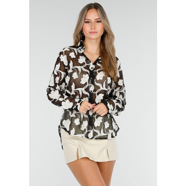 Schwarze transparente Bluse mit beiger Blumenstickerei und langen Ärmeln