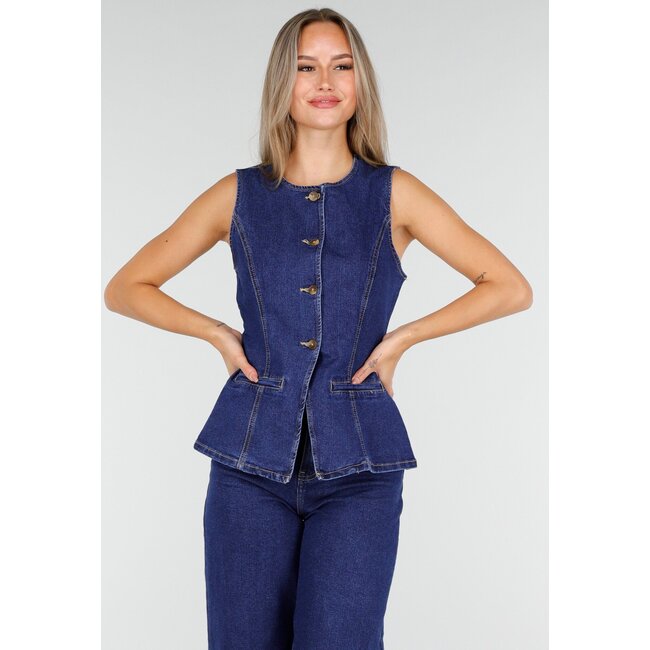 Ärmelloses Denim-Oberteil in Blau mit Knopfverschluss