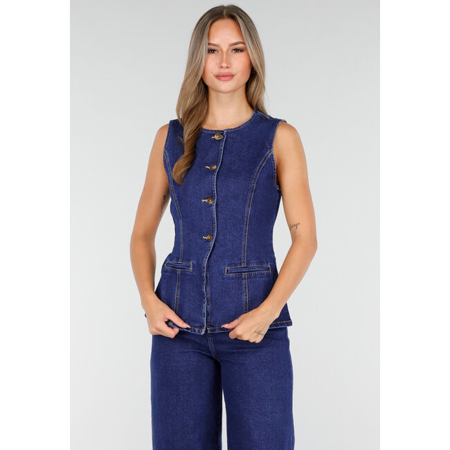 Ärmelloses Denim-Oberteil in Blau mit Knopfverschluss
