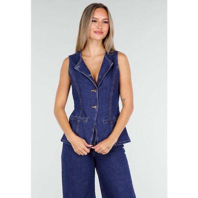 Ärmelloses Denim-Oberteil in Blau mit Knopfverschluss
