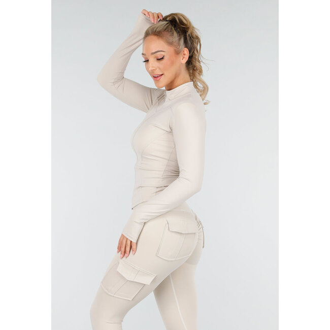 Beige Sportset mit Cargolegging und Reißverschlussoberteil Damen