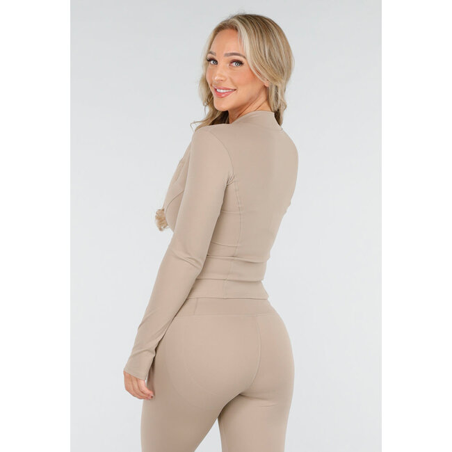 Beige Sportset mit enger Passform und Reißverschluss-Oberteil