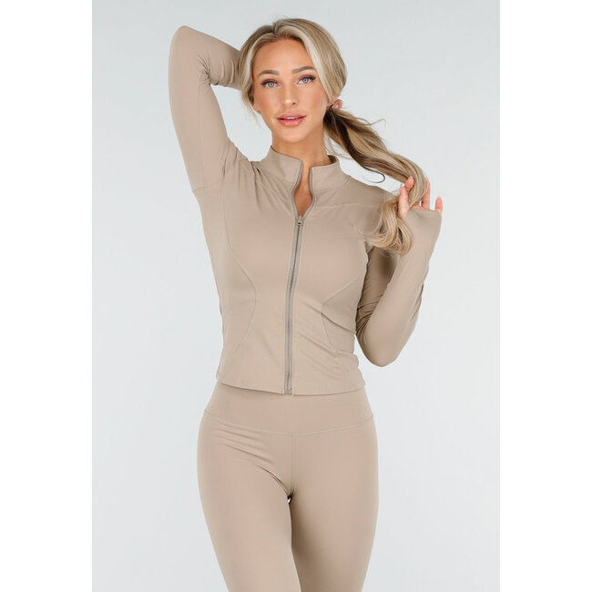 Beige Sportset mit enger Passform und Reißverschluss-Oberteil