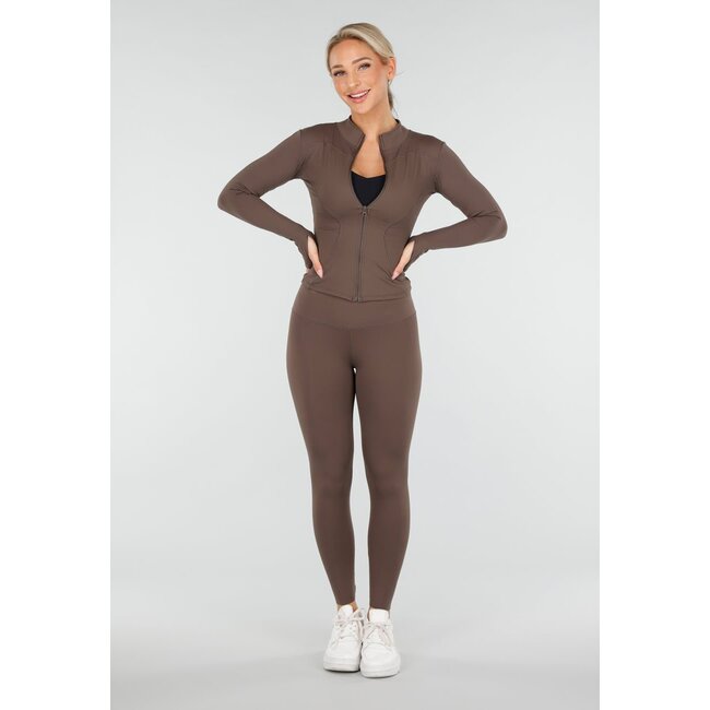 Braunes 2-teiliges Set mit engen Leggings und Weste mit Reißverschluss