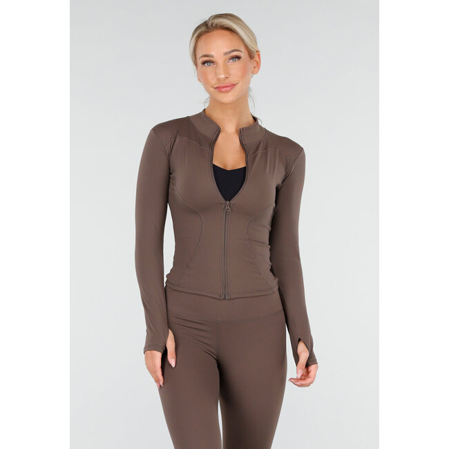 Braunes 2-teiliges Set mit engen Leggings und Weste mit Reißverschluss