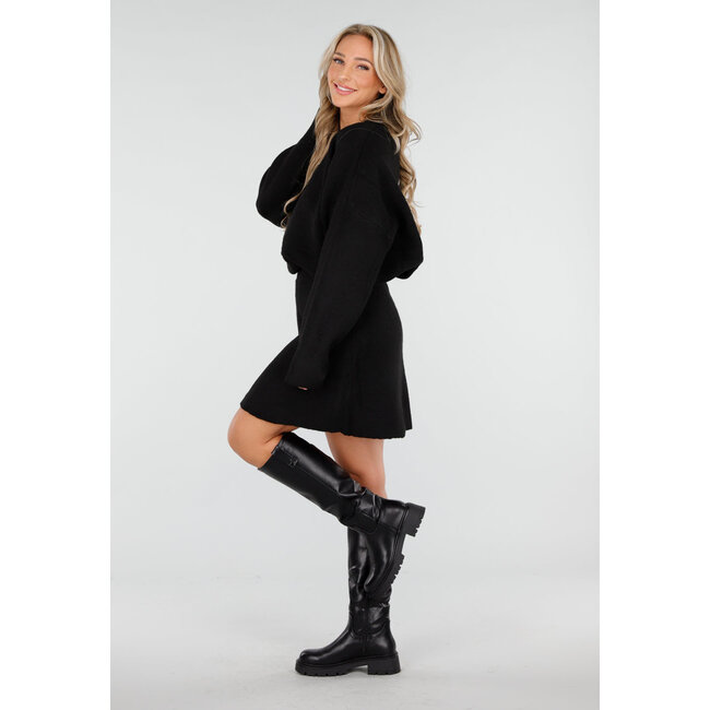 Schwarzes 2-teiliges Strick-Set mit Pullover und Rock