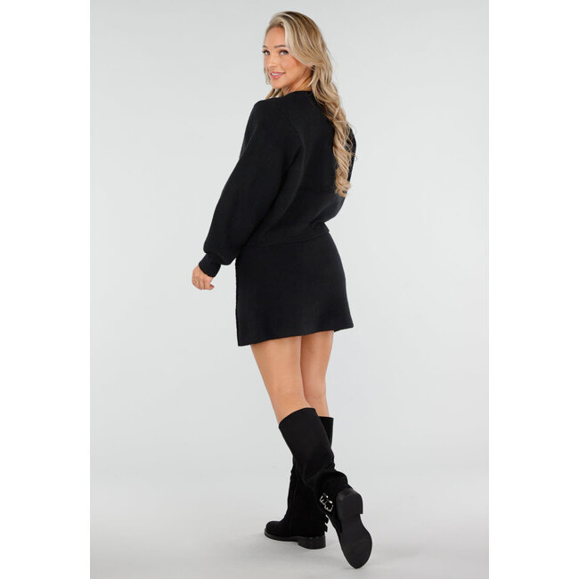 Schwarzes Strick-2-teiliges Set mit Weste und Rock