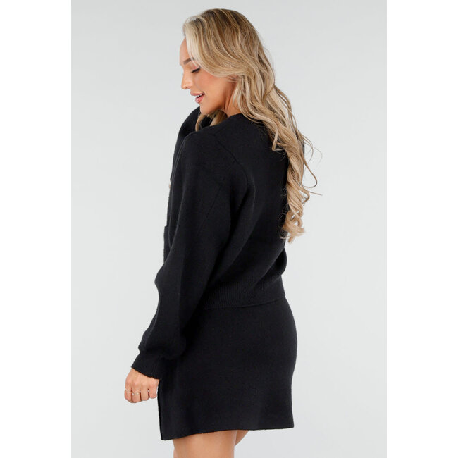 Schwarzes Strick-2-teiliges Set mit Weste und Rock