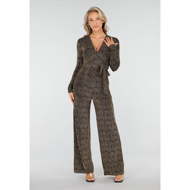 Jumpsuit mit Gürtel und langen Ärmeln in Gold mit Glitzerprint