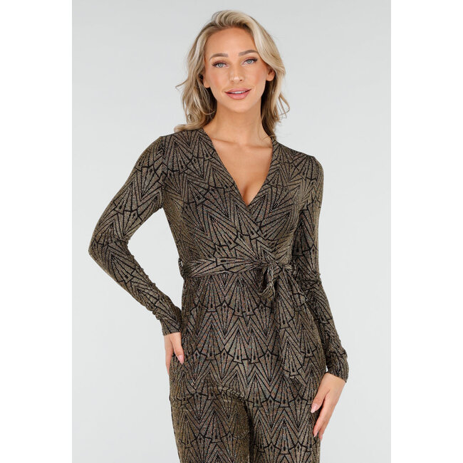 Jumpsuit mit Gürtel und langen Ärmeln in Gold mit Glitzerprint