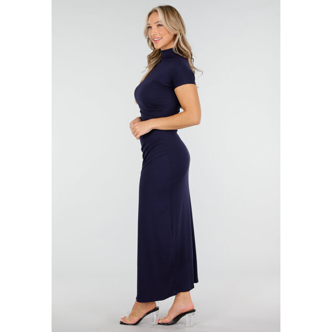 Dark Blue Maxi Dress with Slit and Cowl Neck