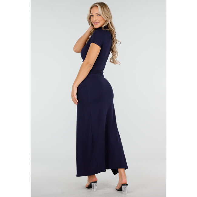 Dark Blue Maxi Dress with Slit and Cowl Neck