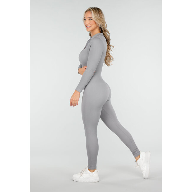 Grauer Jumpsuit mit langen Ärmeln und Reißverschluss
