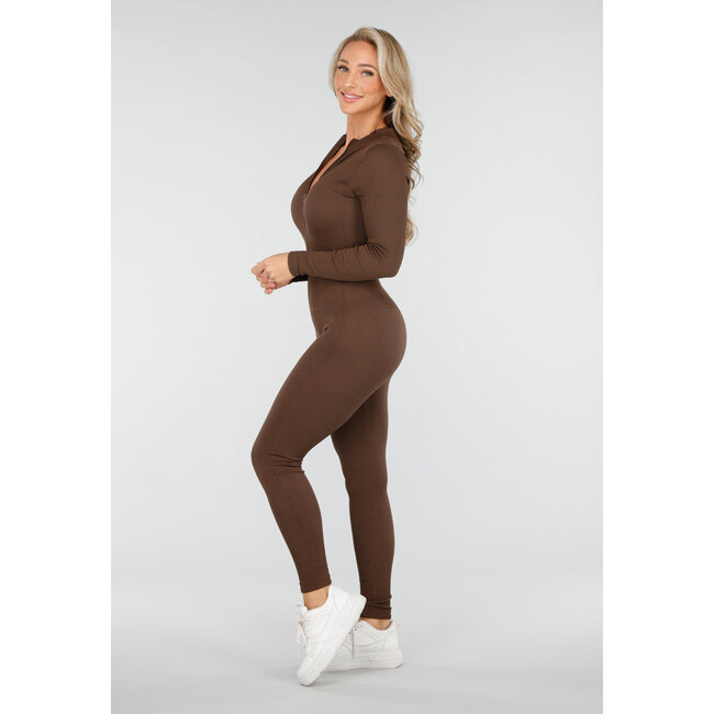 Brauner Jumpsuit mit langen Ärmeln und Reißverschluss
