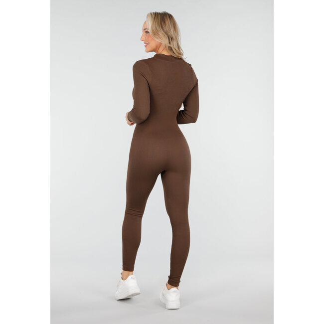 Brauner Jumpsuit mit langen Ärmeln und Reißverschluss
