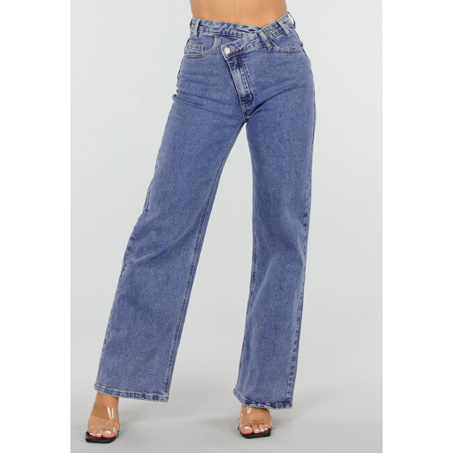 Blaue Straight Jeans mit asymmetrischem Verschluss