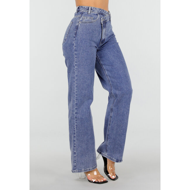 Blaue Straight Jeans mit asymmetrischem Verschluss