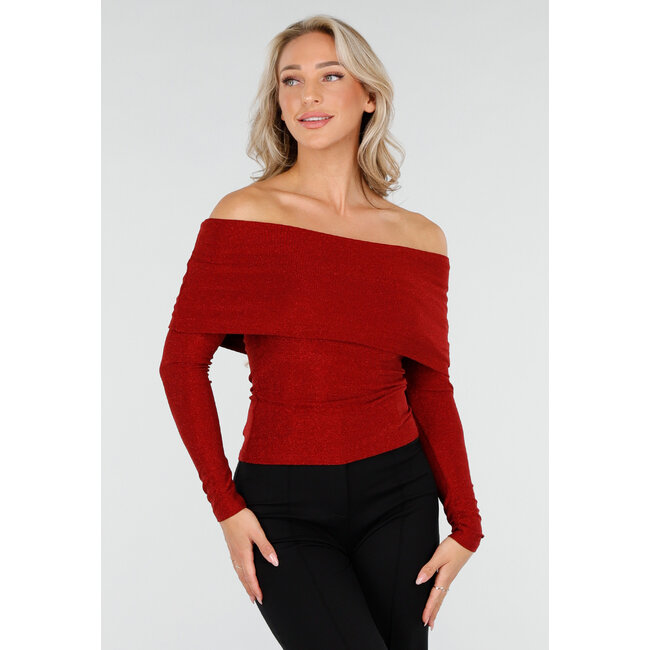 Off Shoulder Glitter Top mit langen Ärmeln in Rot