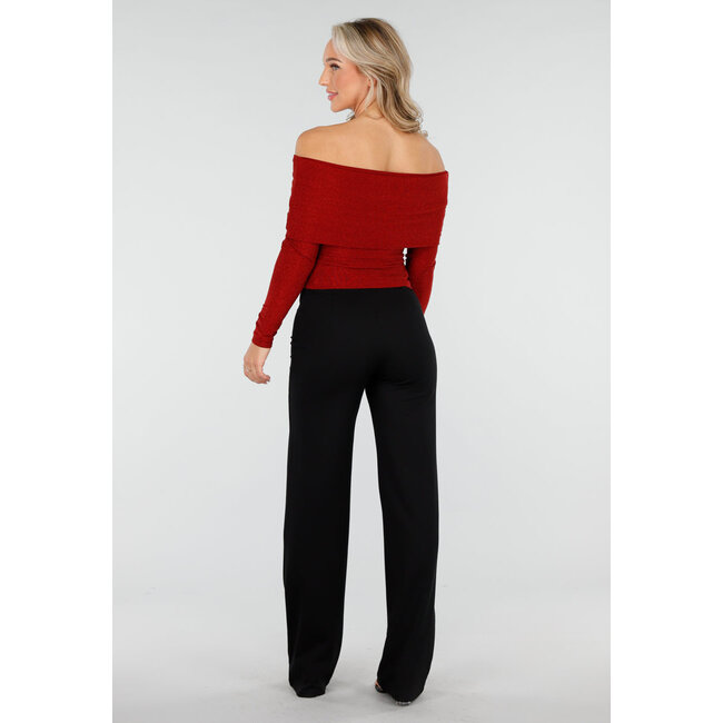Off Shoulder Glitter Top mit langen Ärmeln in Rot