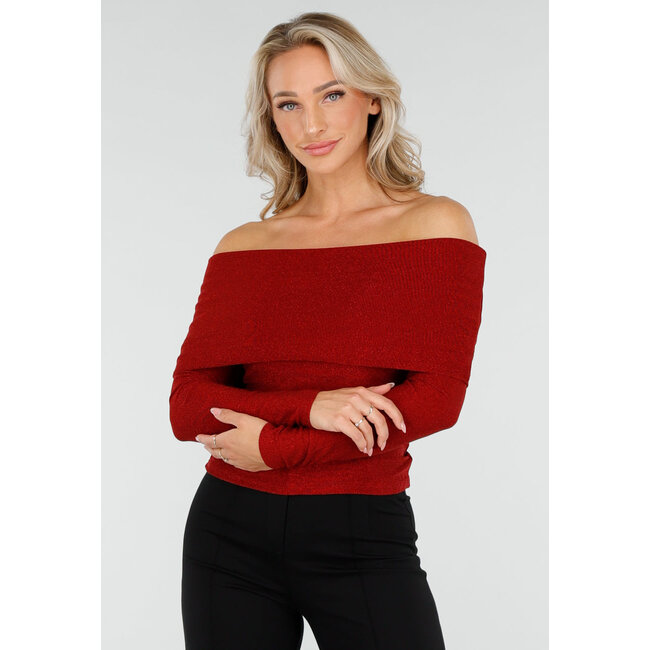 Off Shoulder Glitter Top mit langen Ärmeln in Rot