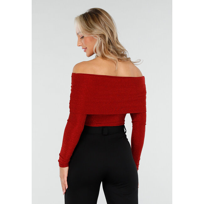 Off Shoulder Glitter Top mit langen Ärmeln in Rot