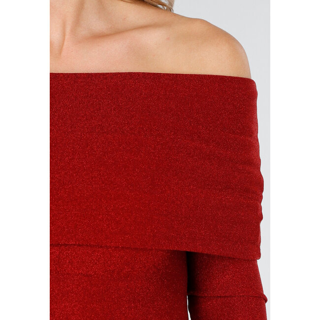 Off Shoulder Glitter Top mit langen Ärmeln in Rot