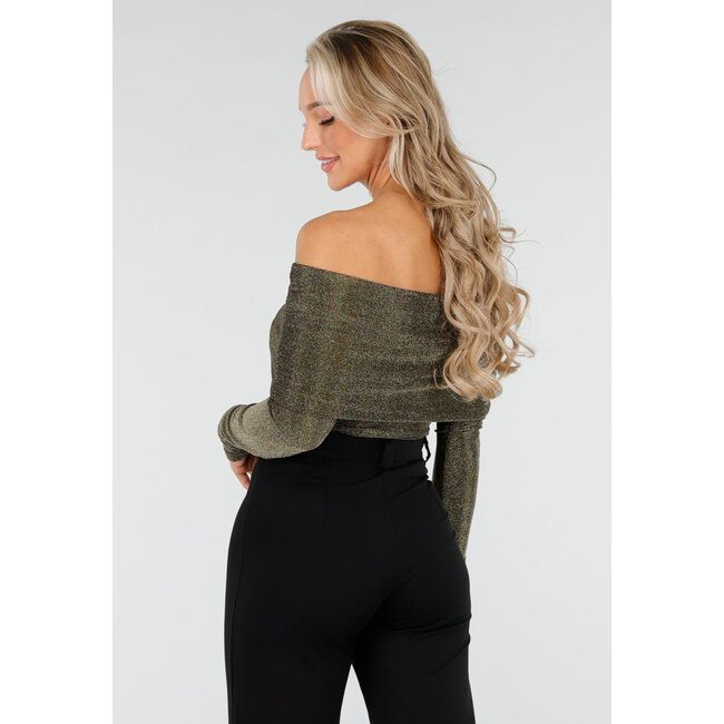 Off Shoulder Glitter Top mit langen Ärmeln in Gold