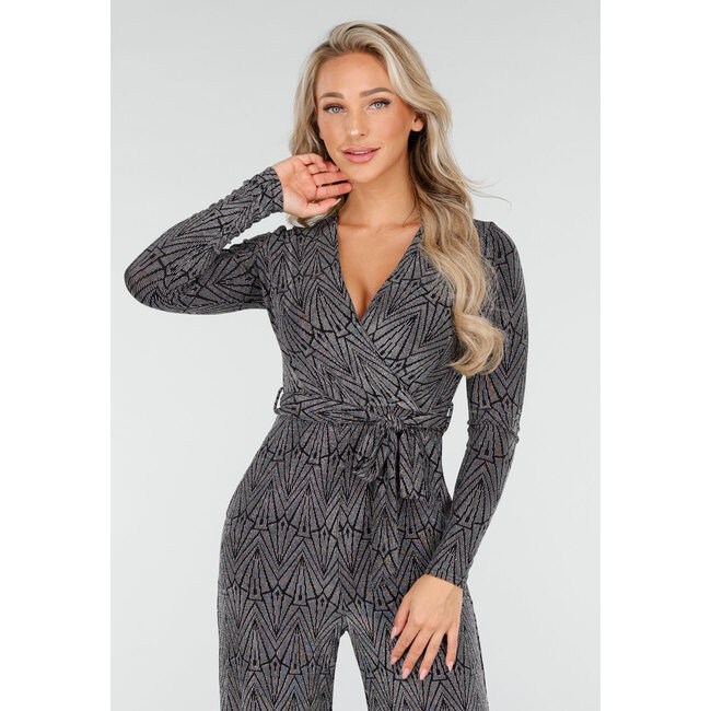 Jumpsuit mit V-Ausschnitt und langen Ärmeln in Schwarz mit silbernem Glitzerprint