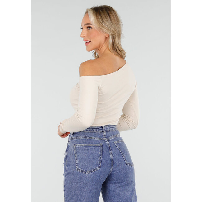 Top One Shoulder Langarm in Beige mit Stretch