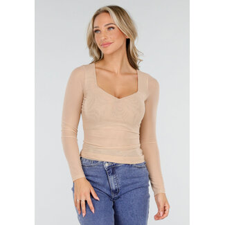 Mesh Stretch Top Beige mit langen Ärmeln