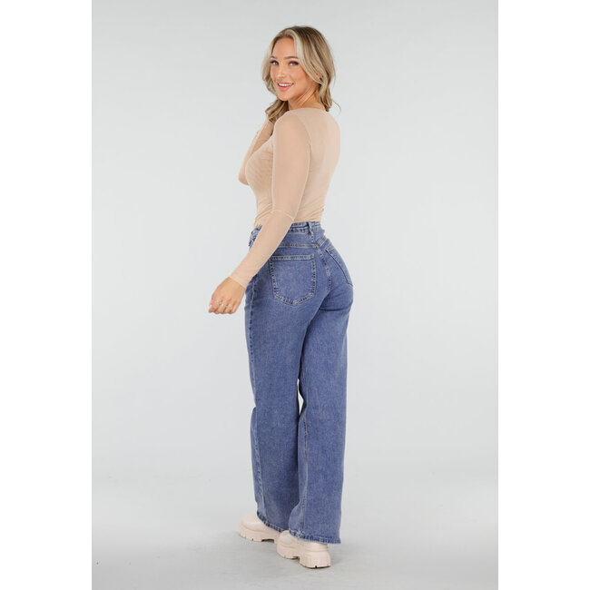 Beiges Mesh-Oberteil mit quadratischem Ausschnitt und langen Ärmeln