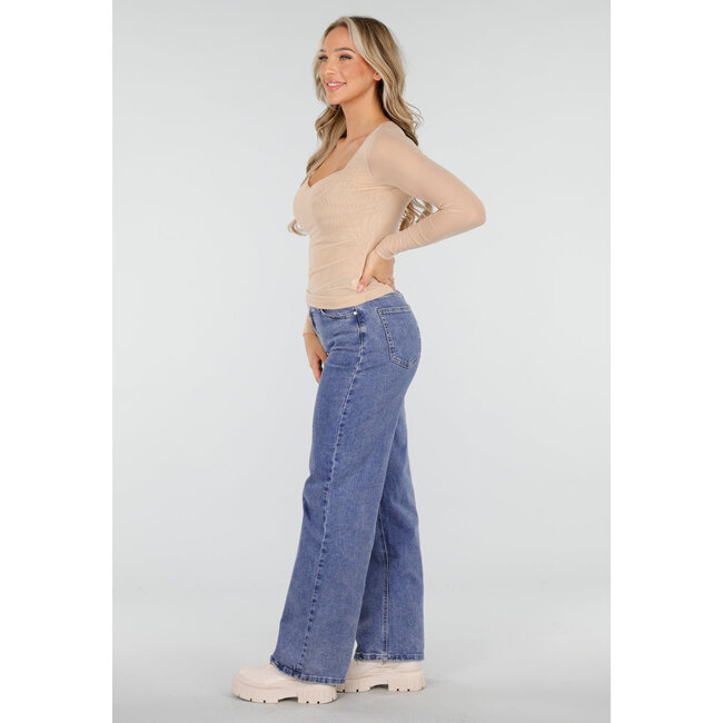 Beiges Mesh-Oberteil mit quadratischem Ausschnitt und langen Ärmeln