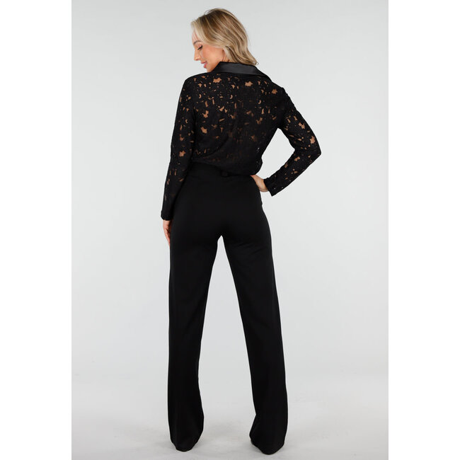 Schwarze Spitzenbluse mit Satin-Details und langen Ärmeln