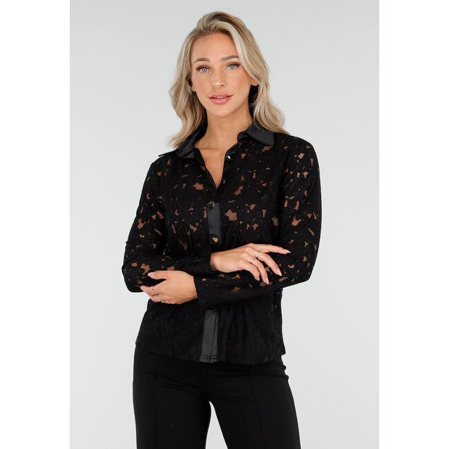 Schwarze Spitzenbluse mit Satin-Details und langen Ärmeln