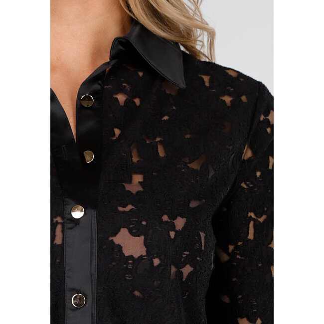 Schwarze Spitzenbluse mit Satin-Details und langen Ärmeln