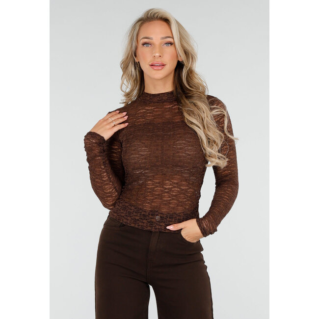 Braunes Spitzenoberteil mit langen Ärmeln und hohem Kragen