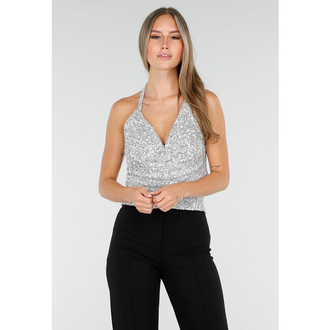 Silbernes Neckholder-Top mit Glitzer und offenem Rücken