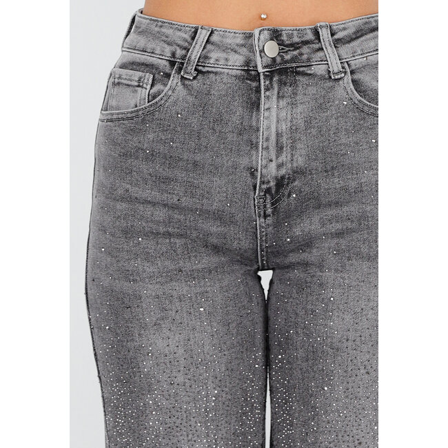 Graue Wide Leg Jeans mit hoher Taille und Strassdetails