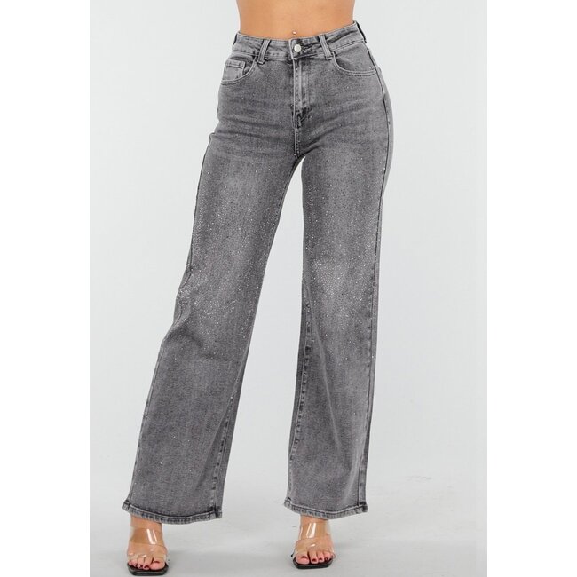 Graue Wide Leg Jeans mit hoher Taille und Strassdetails