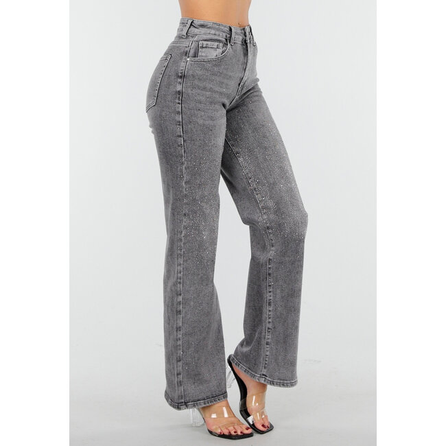 Graue Wide Leg Jeans mit hoher Taille und Strassdetails