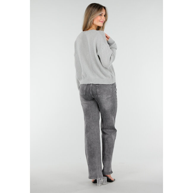 Graue Wide Leg Jeans mit hoher Taille und Strassdetails