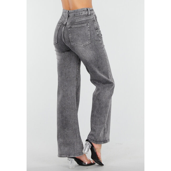 Graue Wide Leg Jeans mit hoher Taille und Strassdetails