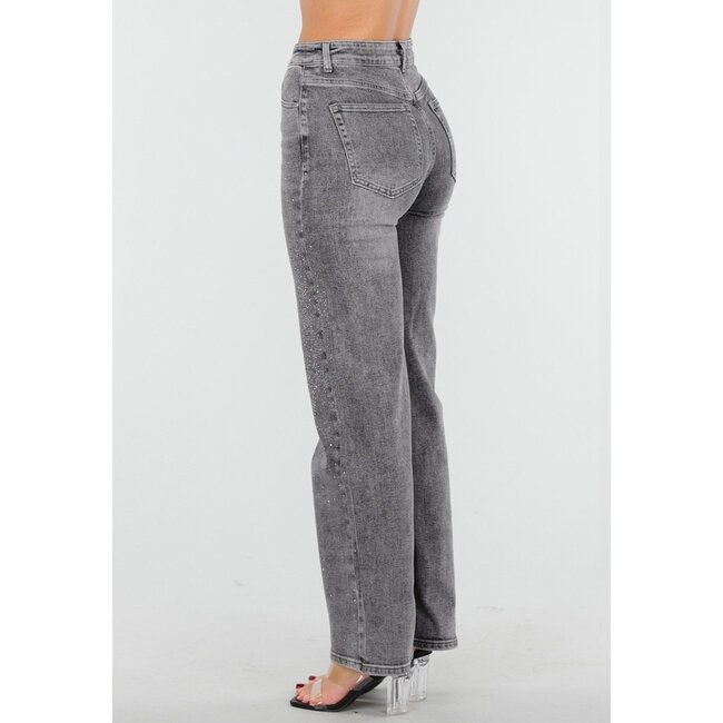 Graue Wide Leg Jeans mit hoher Taille und Strassdetails