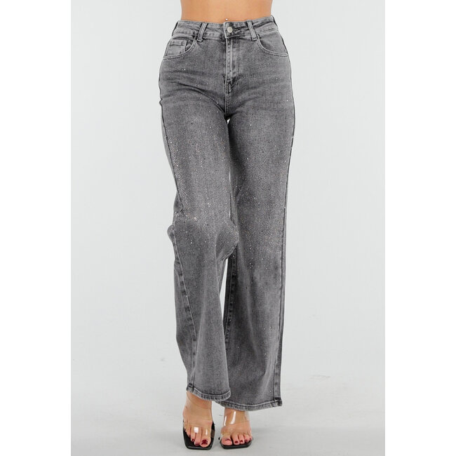 Graue Wide Leg Jeans mit hoher Taille und Strassdetails