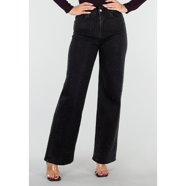 Schwarze Stretch-Jeans mit weitem Bein und Glitzer
